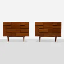 Cabinets, pair by Gio Ponti, c. 1950, Italian walnut, sold Apr 2022