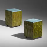 Phillip Lloyd Powell, Rolling stools, pair, c. 1965, carved and polychromed wood, printed leather
