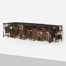 Wall-mounted console table by Silas Seandel, c. 1966, copper, brass, bronze, welded steel nails, sold Apr 2022