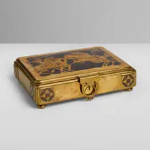 Jugendstil card box with card soldiers by Erhard & Söhne, c. 1910, brass, palisander, sold Apr 2025