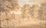 Michael Vincent, A large gathering around a country house, watercolour over traces of pencil