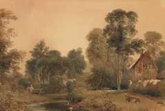 Ows Peter De Wint, Washing day, watercolour heightened with scratching out