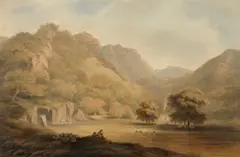John Warwick Smith, Shepherds watching over a valley of sheep, watercolour and pencil