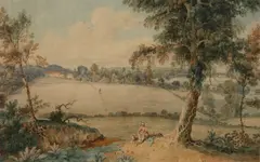 Copley Fielding, A man and his dog resting under a tree, watercolour and pencil