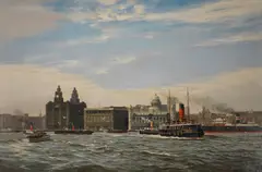 Gordon Ellis, The Claughton and other shipping off Liverpool pier head, oil on board