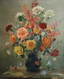 Roses, convolvulus, carnations and other flowers in a glass vase on a marble table top by Continental School, oil on canvas, sold Jan 2025