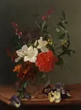 Still life with summer flowers in a glass vase by French School, oil on panel, sold Jan 2025