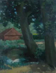 Théodore Roussel, Trees by a pond with building beyond, oil on canvas