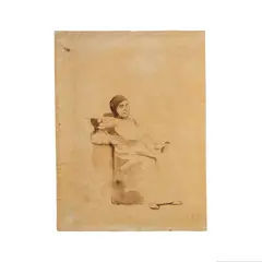 Eugène Delacroix, Etude d'un ecclésiastique assis en costume Renaissance, pen and brown ink, brown wash on beige paper