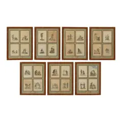 Carle Vernet, Sujets divers de vie quotidienne, familiale et de rue, watercolour over a printed base, four in each frame