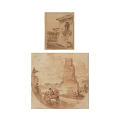 Ecole italienne, Paysage animé, pen and brown ink, brown wash on beige paper