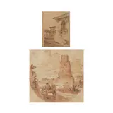 Ecole italienne, Paysage animé, pen and brown ink, brown wash on beige paper
