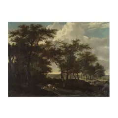 Adriaen Hendricksz. Verboom, Un vaste paysage boisé avec un berger traversant un gué avec son troupeau, oil on canvas