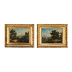 Pierre Joseph Petit, Une paire de paysages montagneux animés, a pair, oil on panel