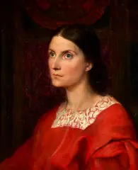 George Frederic Watts, Portrait of Lady Wolverton, Née Georgiana Tufnell, Half Length, in a Red Dress, oil on panel