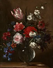 Nicolas Baudesson, Still Life with Morning Glory, Tulips, Carnations, and Other Flowers in a Glass Vase, oil on canvas