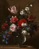 Nicolas Baudesson, Still Life with Morning Glory, Tulips, Carnations, and Other Flowers in a Glass Vase, oil on canvas