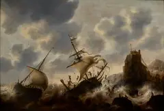 Jacob Adriaensz Bellevois, Ships Foundering in Rough Seas Off a Rocky Coastline, oil on panel