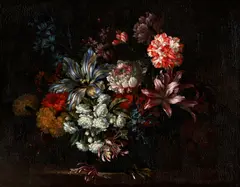 Antoine Monnoyer, Still Life with Tulips, Honeysuckle, and Other Flowers in a Vase on a Ledge, oil on canvas