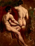 Ra William Etty, Academy Study of Two Male Nudes, unsigned; identified on a presentation plaque; with an oil sketch of a seated male nude (on the reverse)
