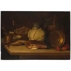Kitchen Still Life with a Cat by Continental School, oil on board, sold Jan 2025