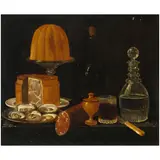 A still life with cake, oysters, and wine by Continental School, oil on canvas, sold Jan 2025
