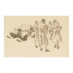 Ernst Deutsch Dryden, Four figures by a touring car, ink and pencil on paper