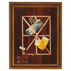 John F. Peto, Rack Picture With Telegraph, Letter and Postcards, oil on canvas