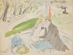Vértes Marcell, Two women; a couple in a rowboat (two works), Women watercolor and pencil on paper; Couple watercolor, conte crayon and pencil on paper