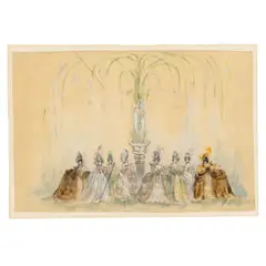 unknown Artist, Ladies around a fountain, mixed media on paper