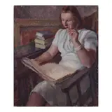 Patricia Preece, Seated woman with books reading a newspaper, oil on canvas