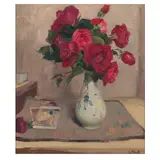 Lionel Floch, Still life with roses and photographs, oil on canvas