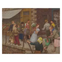 Mary Duncan, Street scene with children and flowers, oil on canvas