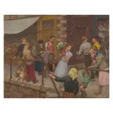 Mary Duncan, Street scene with children and flowers, oil on canvas