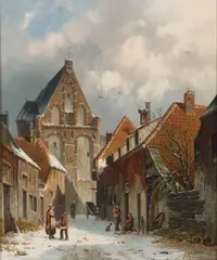 Adrianus Eversen, A Dutch street scene in winter, oil on panel