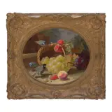 Eloise Harriet Stannard, Grapes in an upturned basket with birds and other fruit, oil on canvas, painted in an oval