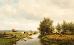 Willem Vester, Cows watering in a polder landscape, oil on canvas