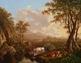 Charles Towne, Cows watering at a river, oil on panel