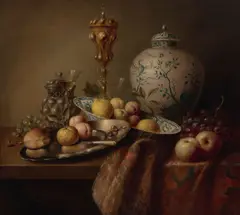 Continental School, A still life with a blue and white vase, a gilt chalice, and fruit, oil on canvas