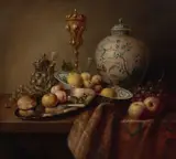 A still life with a blue and white vase, a gilt chalice, and fruit by Continental School, oil on canvas, sold Jan 2025