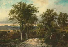 Frederick Rondel, Hudson River Valley landscape with sheep and a shepherd, oil on canvas