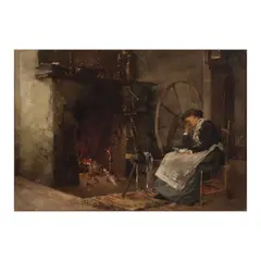 Paul E. Harney, Girl asleep at a spinning wheel, oil on canvas applied to board