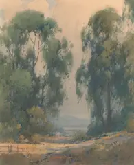 View Through the Eucalyptus (Portola Valley) by Percy Gray, watercolor on paper, sold Jan 2025