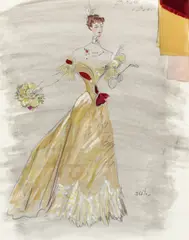 A costume design for An Ideal Husband by Cecil Beaton, 1947-48, watercolour, gouache, pen and ink and pencil, the sheet applied with fabric swatches, sold Jun 2025