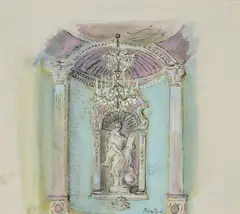Cecil Beaton, A design detail for the School for Scandal set at the Comédie-Française, Paris, 1962, gouache, watercolour, pen and ink, and chalk