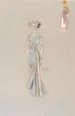 A costume design for My Fair Lady, 1963, probably for Helen Albrecht by Cecil Beaton, watercolour, gouache and pencil, the sheet previously applied with a fabric swatch (now loose), sold Jun 2025