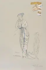 A costume design for My Fair Lady, 1963, probably for Barbara Pepper by Cecil Beaton, gouache, watercolour and pencil, the sheet previously applied with fabric swatches (now loose), offered Jun 2025