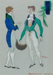 Cecil Beaton, Costume designs for ballroom dancers in On a Clear Day You Can See Forever, 1969-70, watercolour, gouache and pencil, the sheet applied with fabric swatches and a green feather