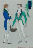 Cecil Beaton, Costume designs for ballroom dancers in On a Clear Day You Can See Forever, 1969-70, watercolour, gouache and pencil, the sheet applied with fabric swatches and a green feather