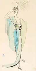 Cecil Beaton, A costume design for a lady in blue and green, watercolour and pen and ink